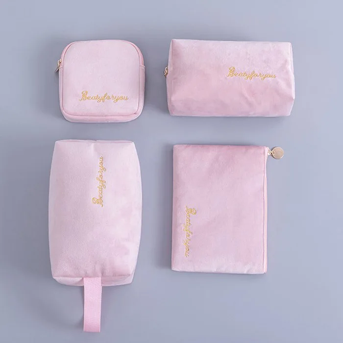 

Custom Logo Kawaii Makeup Storage Pouch Women Pink Velvet Cosmetic Bag Set, Customized color