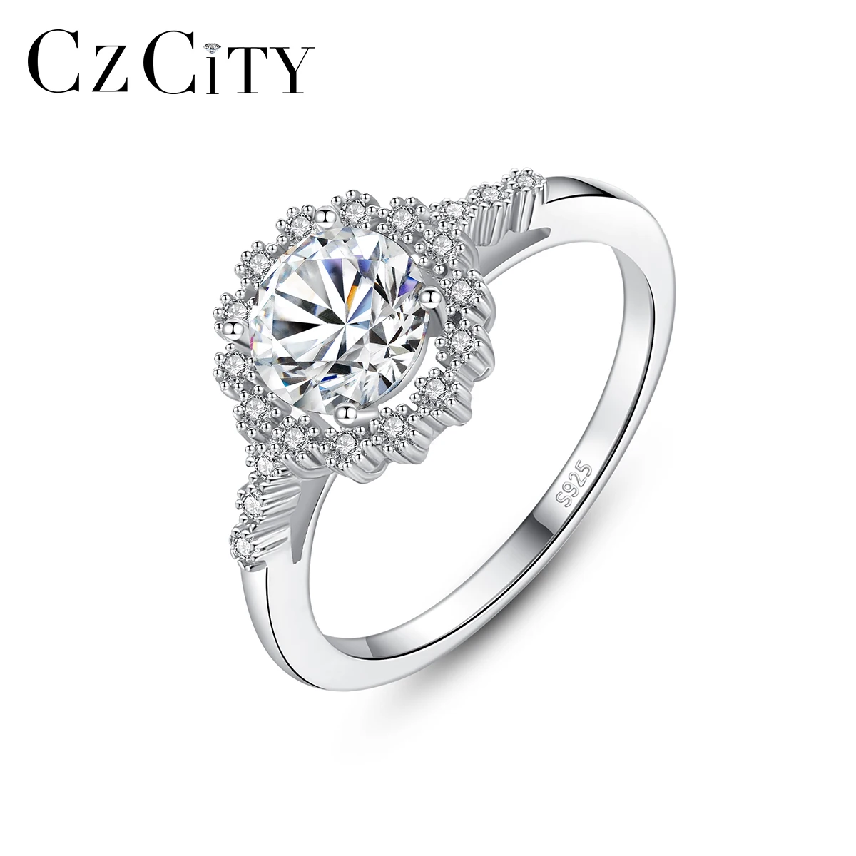 

CZCITY Shining Luxury Jewelry 925 Sterling Silver Gemstone Stone One Carat Moissanite Flower Shaped Rings