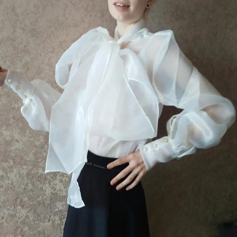 

2020 new arrival spring style ladies blouses & tops with puff sleeve sexy hollow out women's top with organza and big bow tie