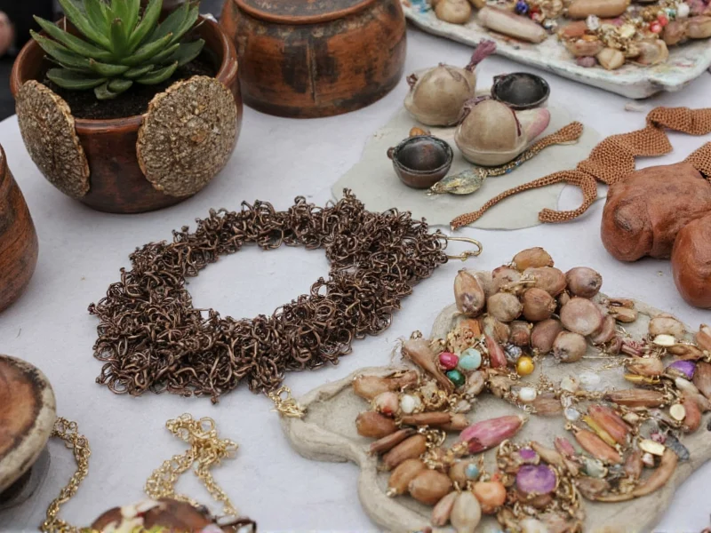 Close-up of unique handmade jewelry and pottery at craft fair