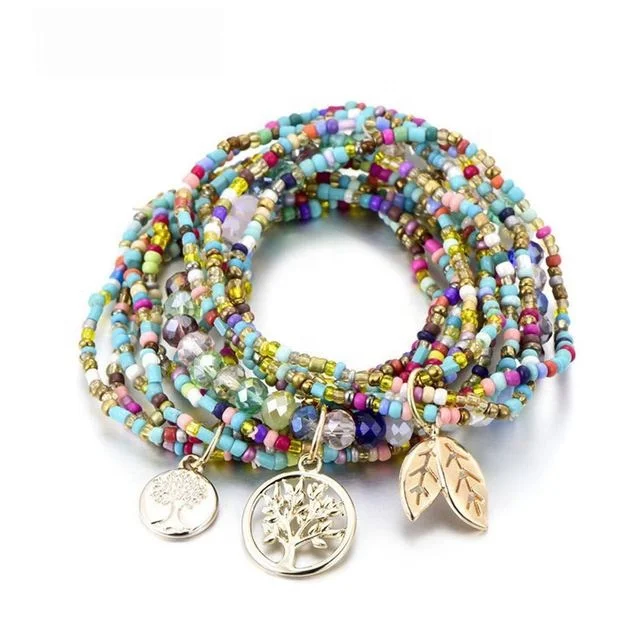 

Boho fashion jewelry sets women colorful multi layered bracelets bohemian crystal seed beads leaf charm bracelets set African