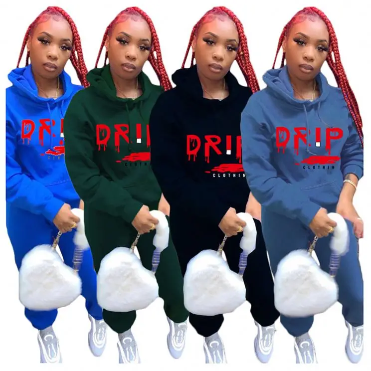

D96249 Trendy 2021 Winter Thick Letter Printed Outfits Womens Casual Two Piece Set Women Clothing Hoodie Sets