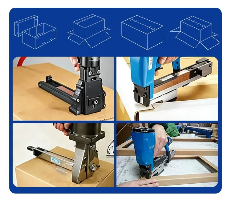 Rhinails pneumatic carton staplers sealing corrugated boxes with roll carton closing staples across multiple carton styles