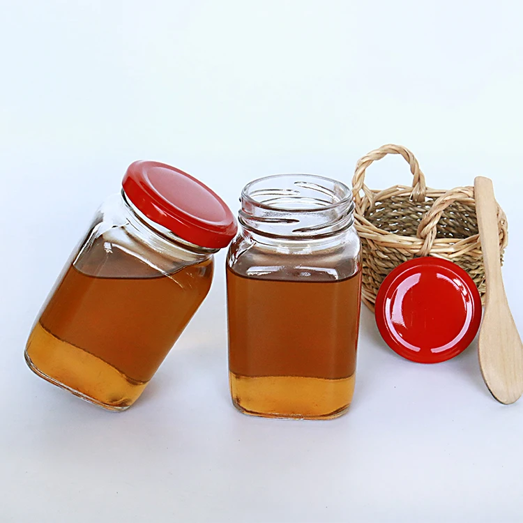 

Glass material 250g 500g honey storage jar square shape food jar with sealed metal lid, Clear, also can be customized