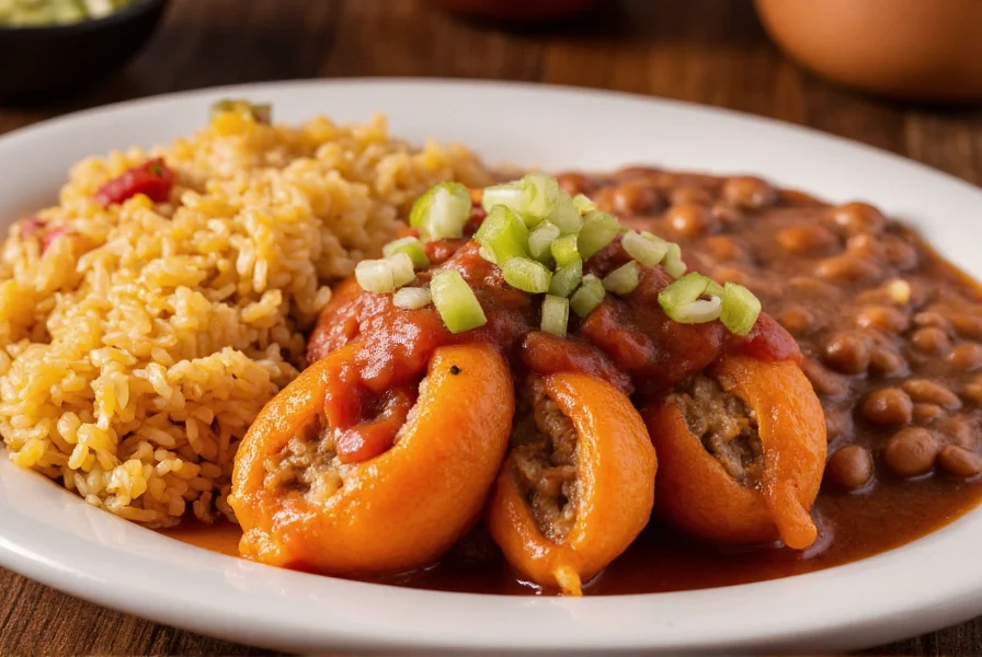 Authentic plating of chili rellenos with ranchero sauce, refried beans, and Mexican rice