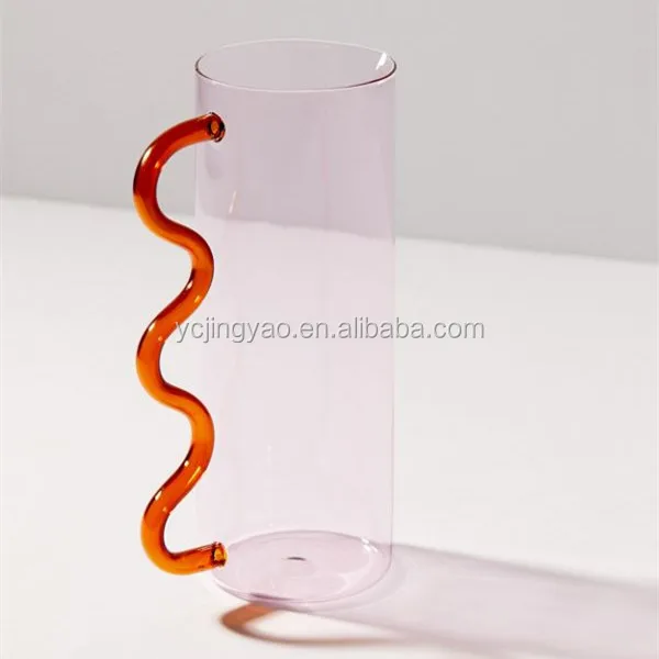 

Custom Made Decorative Heat Resistant Borosilicate Pink Cylinder Glass Water Pitcher with Handle, Customized color