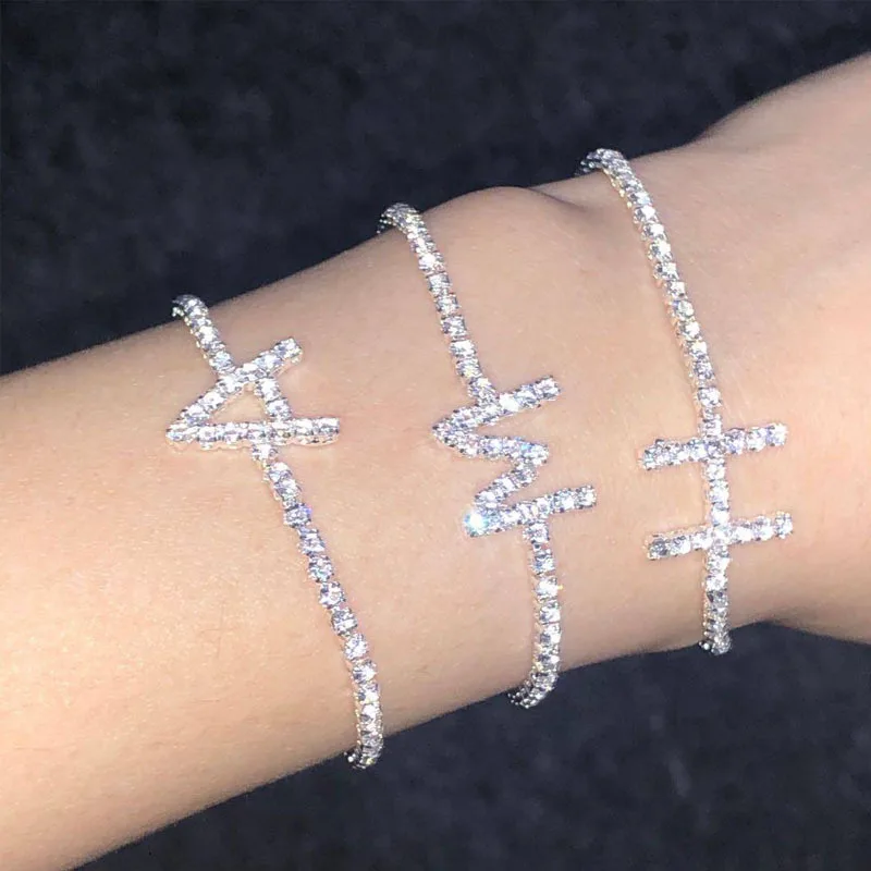 

Simple Silver Sparkling Rhinestone 26 A to Z Alphabet Letter Bracelets Shiny Crystal Initial Letter Bracelet