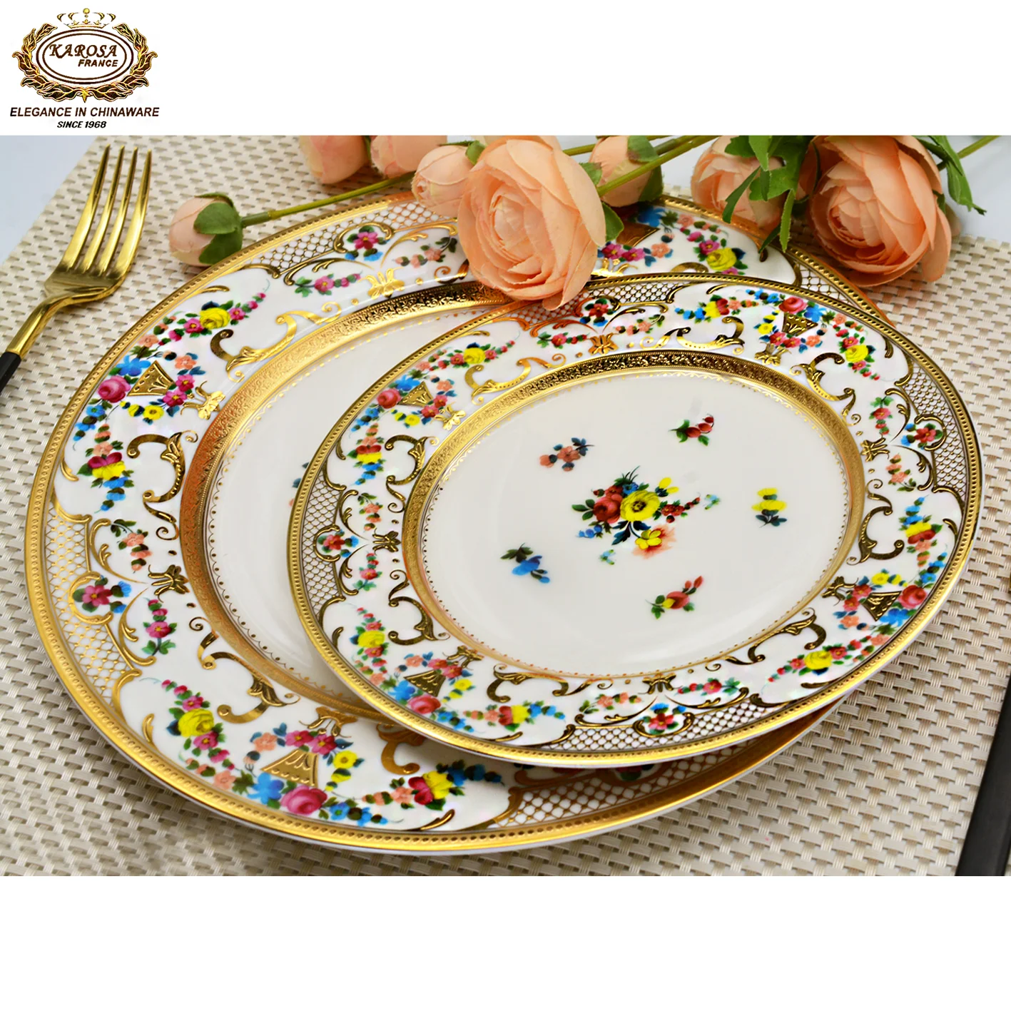 

2pcs high 10.5 inch dinner plate 7.5 inch flat plate set luxury embossed gold dishes dinner set