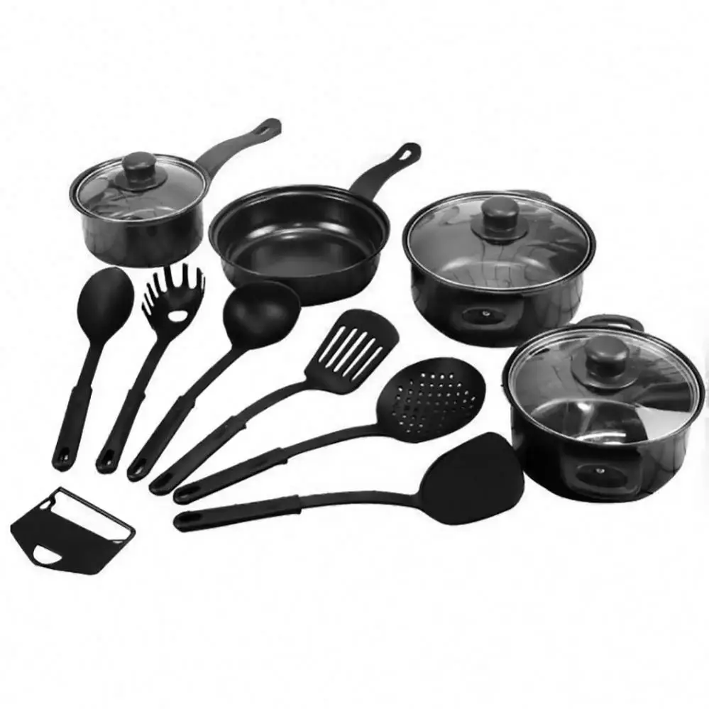 

Hot Selling 13pcs cheap kitchen housewares iron non stick desini kitchen pots cookware sets, Balack