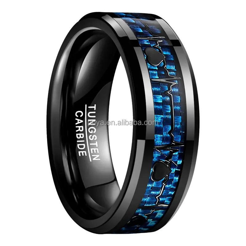 Poya Jewelry 8mm Black Tungsten Beveled Edges Ring for Men Women Wedding Band Heartbeat Blue Carbon Fiber Inlay  Comfort Fit