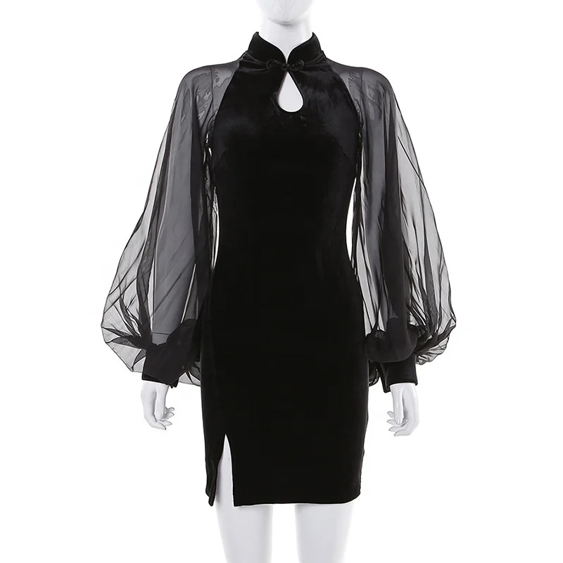 

B50957A New style women fashion mesh lantern sleeve classic dress, Black