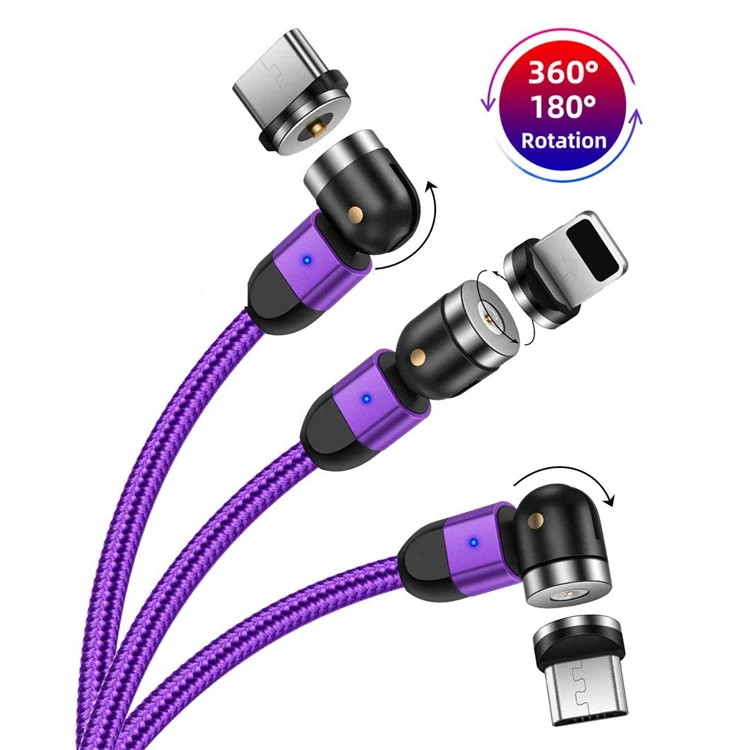 

FAST CHARGER 540 Degree Rotation 3 in 1 Magnetic Charging USB Cable for iPhone Android Phone, Blue / black / red / purple