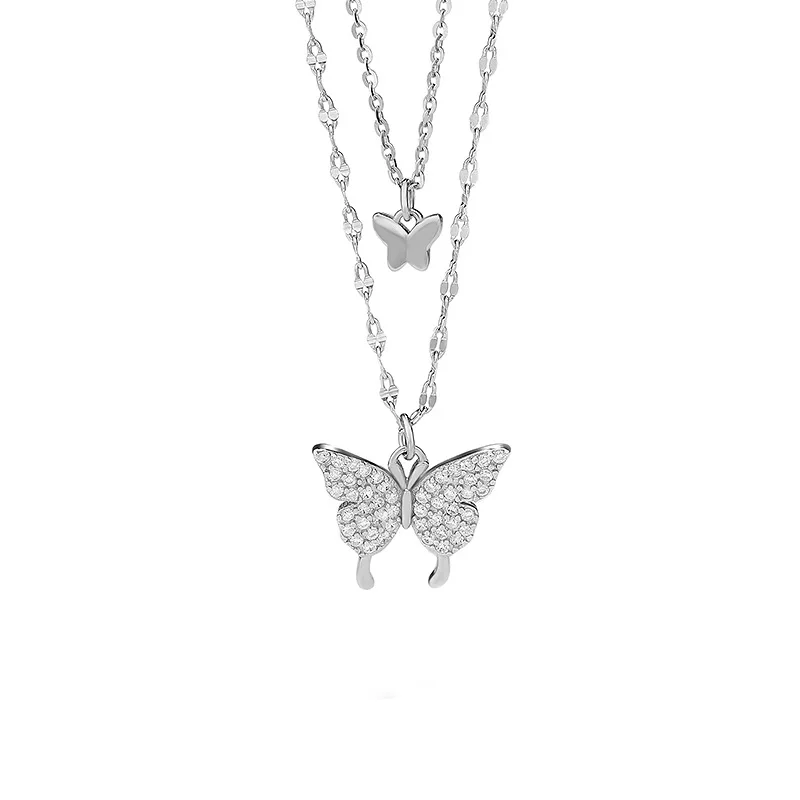 

Korean S925 Sterling Silver Diamond Zircon Butterfly Pendant Double layer Dainty Necklace