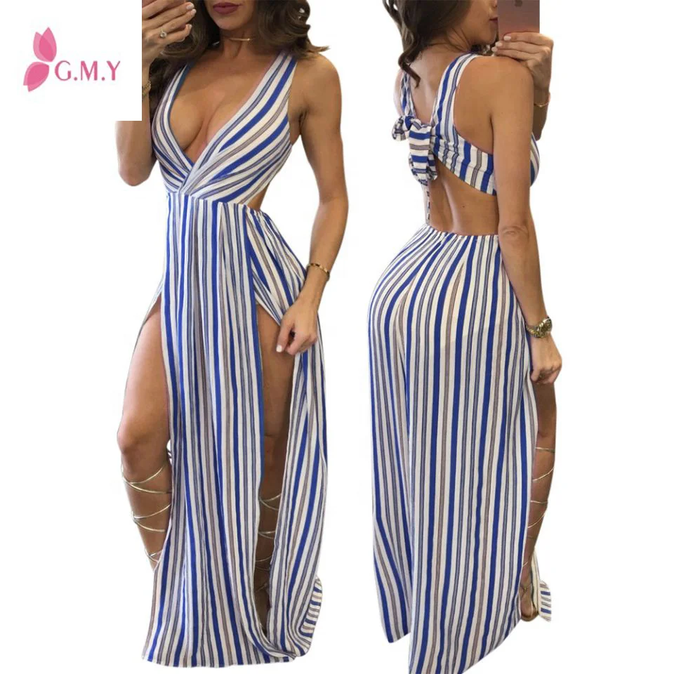 

Wholesale Women Summer Casual Striped Print V Neck Sleeveless Backless Sexy Maxi Evening Dress