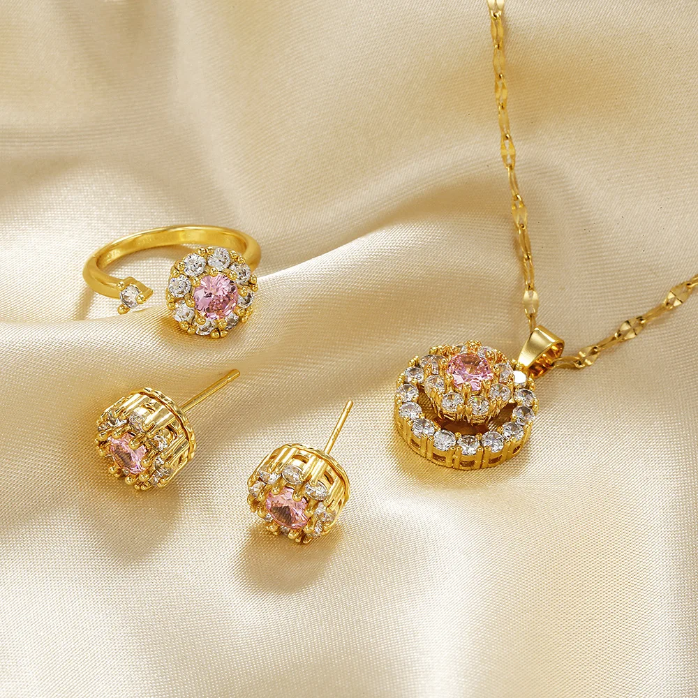 

Trendy 3 Pcs/Set Gold Plated Diamond Stud Earrings Ring Rotating Micro Inlaid Cubic Zirconia CZ Geometric Necklace Jewelry Sets