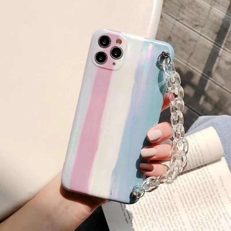 

For Rainbow iPhone Case 11 Pro Max Laser Print Glitter Cover SE 2 7 8 Plus X XS Max Soft Thin TPU with Chains Glossy Cellphone C, Clear