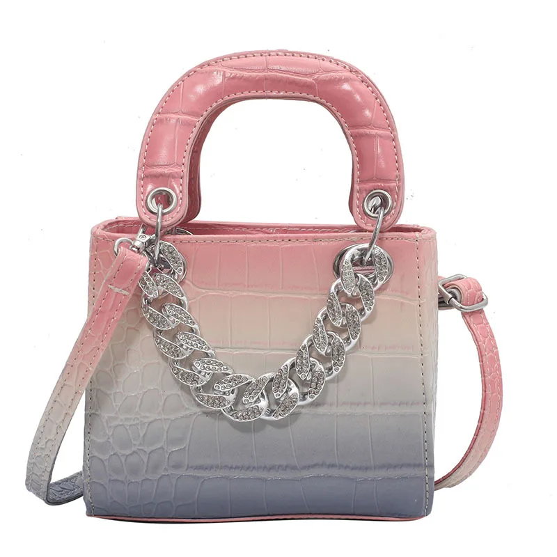 

2021 new fashion various styles Pu material gradient color bag women chain diamond handbag crocodile pattern ladies bag, 5 colors