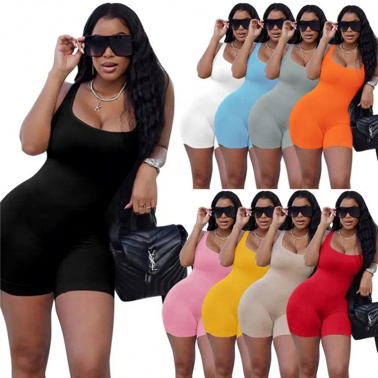 

MISS Wholesale Summer Streetwear Women Jumpsuits 2021 Solid Color Bodycon Short Jumpsuit Romper