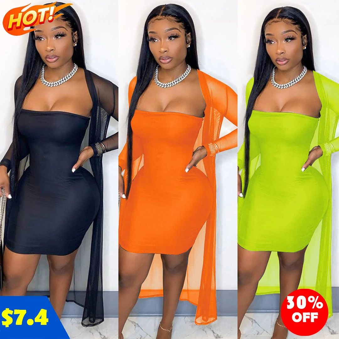 

Good Quality Solid Color Tube Dress Bodycon Long Sleeve Cardigan Smock Mesh Summer Women Dress Set Two Piece Outfits, As picture
