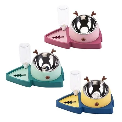 

Pet choking prevention slow food bowl automatic waterer three-in-one stainless steel oblique mouth bowl, Pink/yellow/green