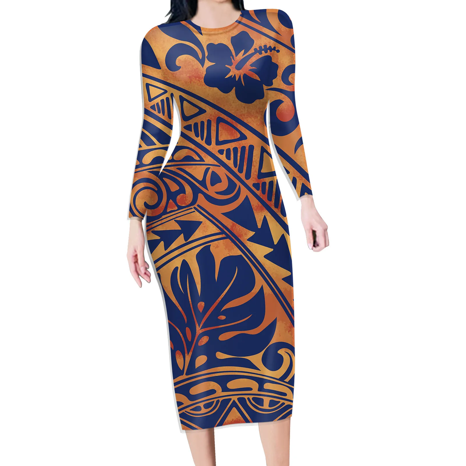 

Somoa Style Hibiscus Polynesian Stripe Print Ladies' Dress Plus Size Long Sleeve Evening O-Neck Thin Women Clothing Maxi Dresses, Customized color