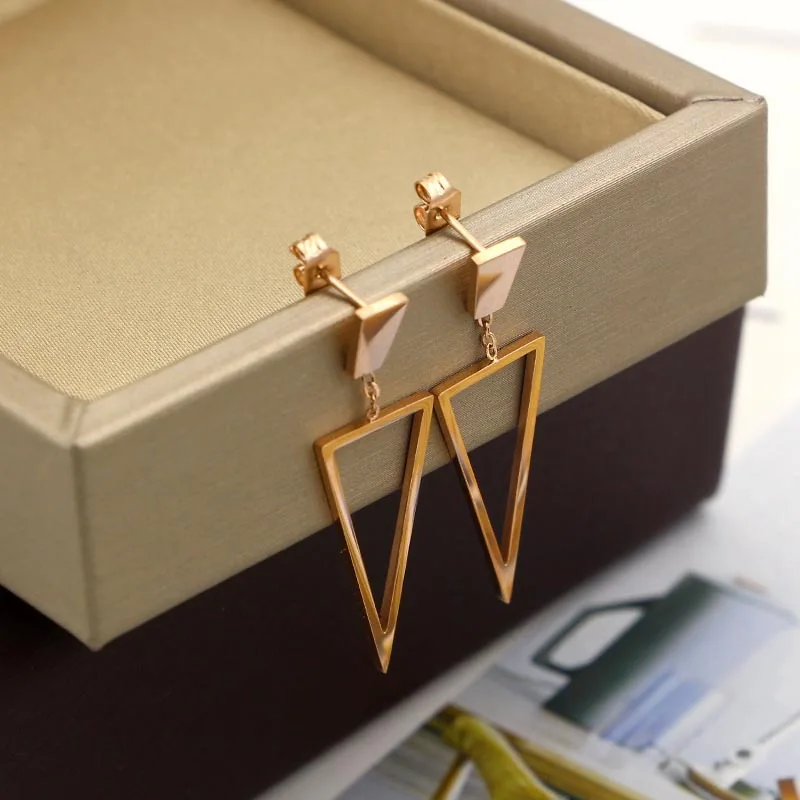 

Trapezoid hanging hollow triangle drop earrings conform female fashion titanium Earring steel rose gold earrings jewelry, Customized