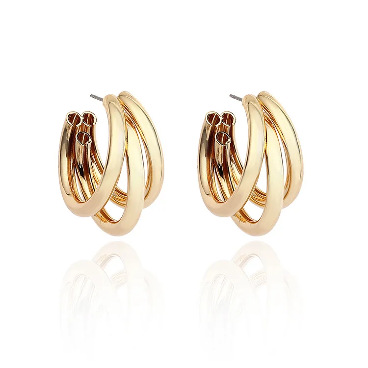 

High Quality Hypoallergenic 18k Gold Geometric C Shape Hoop Earrings Metal Triple Hoop Earrings