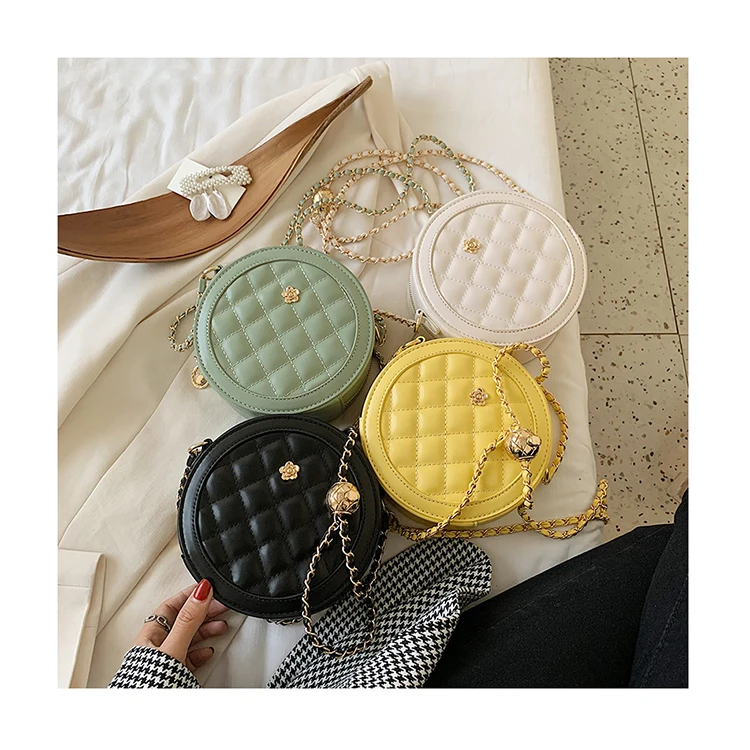 

Stylish PU Leather Small Round Bags Chic Diamond Lattice Chain Crossbody Bags Solid Color Hand Bags Women Purses and Handbags