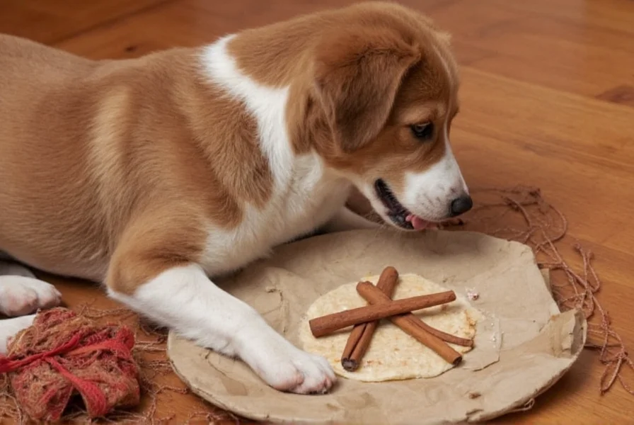 Dog owner carefully measuring small amount of cinnamon powder into dog food bowl