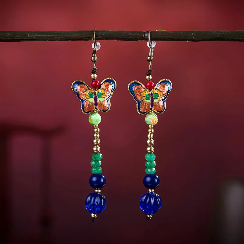 

ES003-73 New original ethnic style butterfly handmade earrings retro palace style long temperament glass earrings for women, Blue