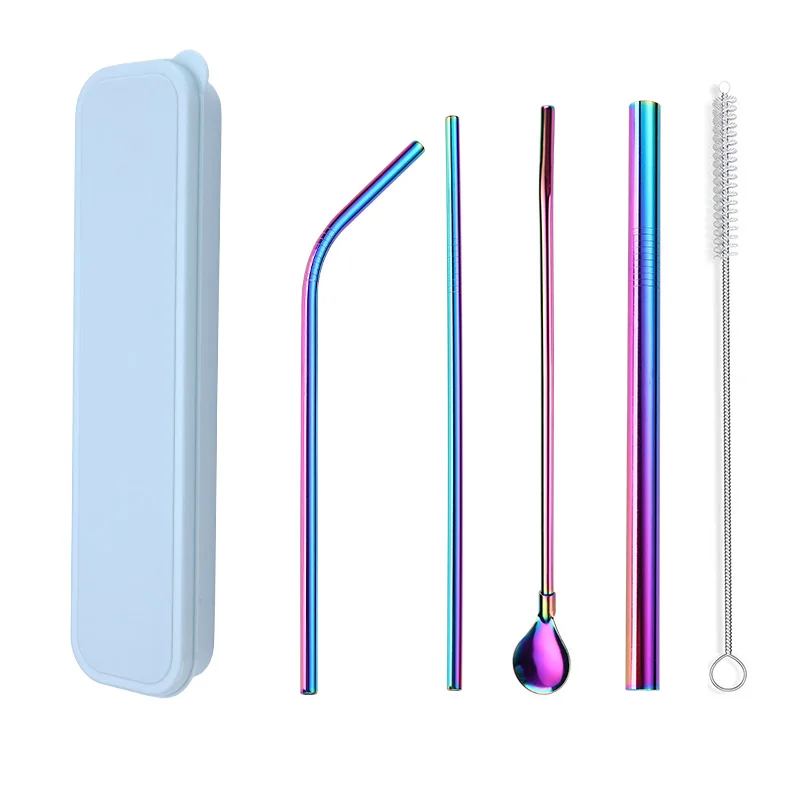 

Color Box Portable set of 5 Stainless Steel Drinking Straws set Reusable Metal Boba Straws Spoon Straw with Cleaning Brush, Silver/gold/rose gold/rainbow/black/blue