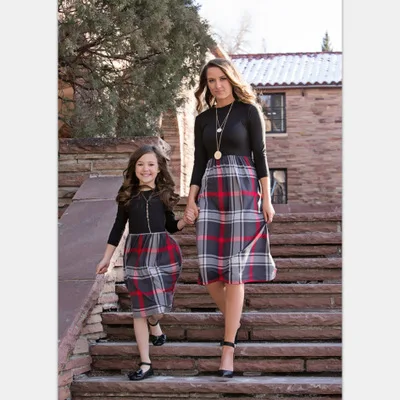 

2020 Newbo parent child matching clothes Spring British Nine Sleeve Plaid Mid-length Parent-child clothing mommy and me outfits, White causal family dresses