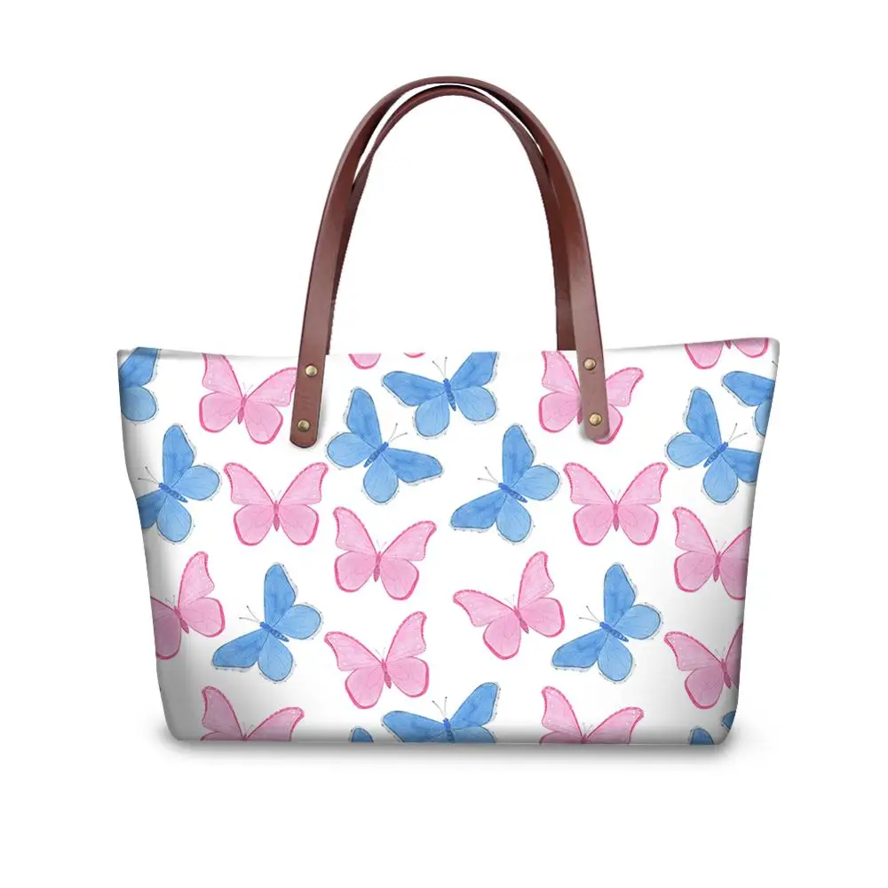 

Custom full print tote bag PU handle beach bag Cheap butterfly handbag for Women