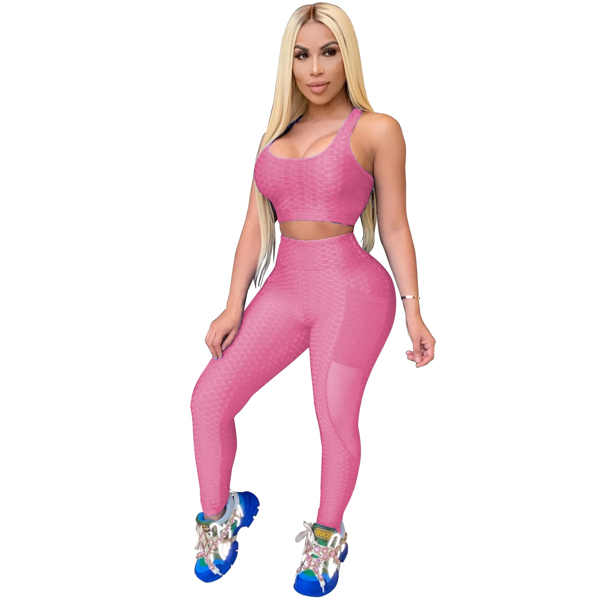 

2021 New wholesale Plus size skinny U-neck mesh sexy umbilical vest yoga fitness clothing sexy gym wear fitness yoga wear women, 3 colors