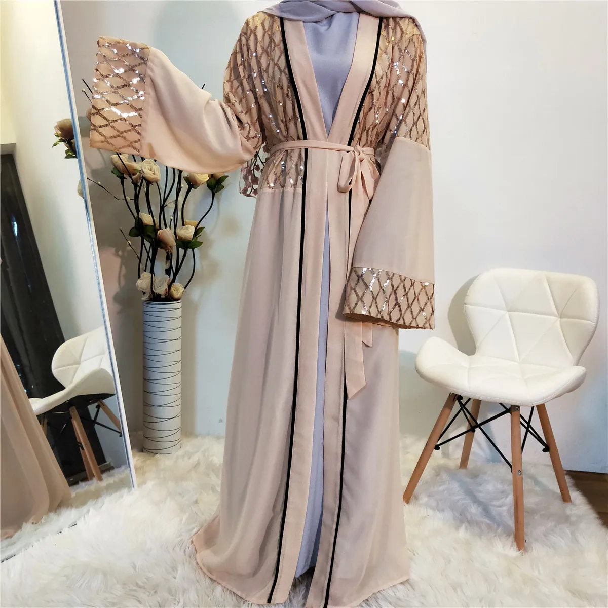 

Sequin chiffon Islamic cardigan chiffon kimono women front open abaya