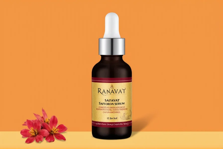 Close-up of Ranavat Saffron Serum bottle showing golden liquid against minimalist background