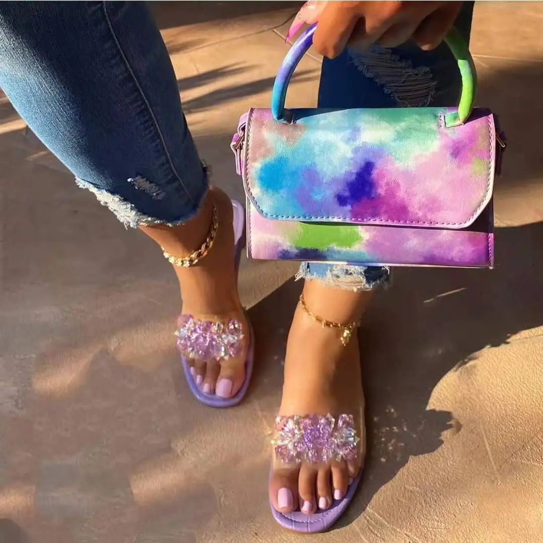 

Autumn Round Head Flat Printing Gemstone Slippers Women Cross-border Foreign Trade Large Size Transparent Slippers Candy Colors, 3 colors