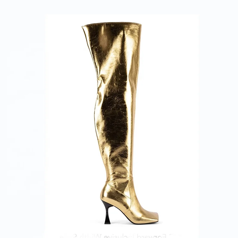 

Women Designer Style Of 2021 Square Toe Metallic Gold Leather Thigh High Women Long Boots, Gold/black