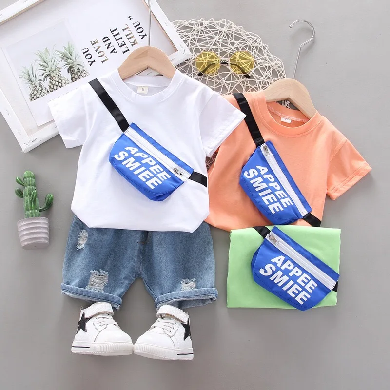 

Wholesale new fashion summer casual Boys 2 Pieces jeans Clothing Set short sleeves bag T shirt + ripped denim pants for kids, Picture shows