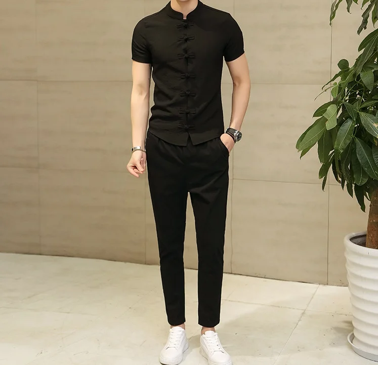 2019 Mens Casual Shirt Teen Solid Color Stand Collar Blend Hualing Breathable Comfort Traditional Chinese Style Long Sleeve Shirt