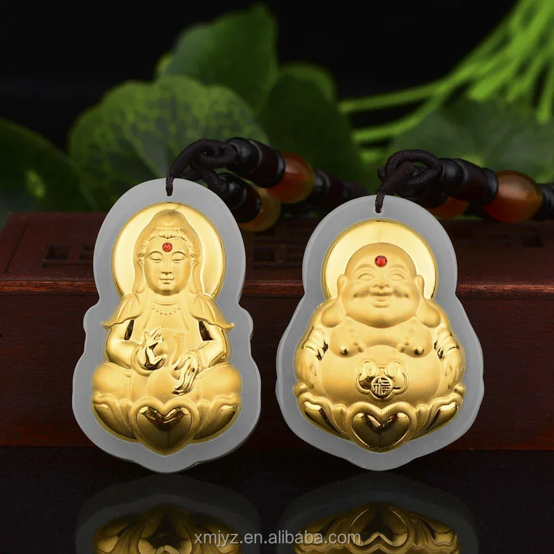 

Gold Inlaid With Jade Large Guanyin Buddha Gemstone Men And Women Couples 4D Hetian Jade Gold Factory Wholesale