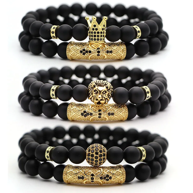 

Matte Black Onyx Stone Micro Pave Cubic Zirconia Imperial Crown and lion head Bead Bracelet Homme for Men