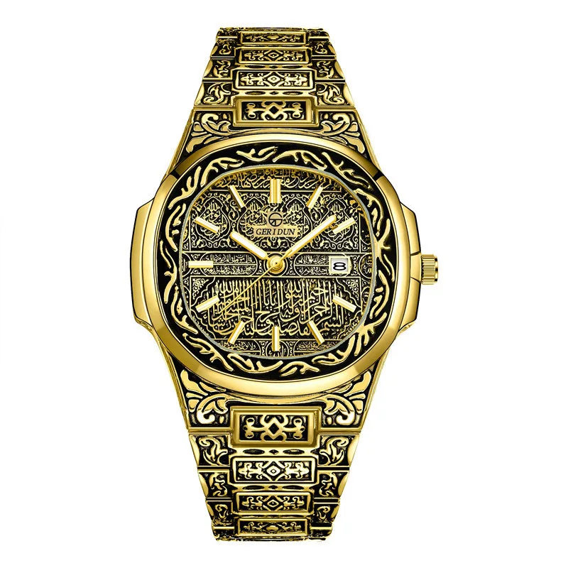 Wholesale Custom Your LOGO Fashion Luxury Embossed Retro Style Men Gold Watches Quartz Watch for Men
