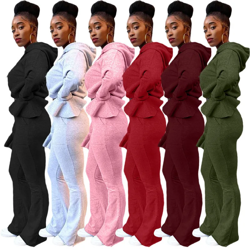 

Foma-Z065 New Arrival 2 Pieces Set Solid Color Short Sexy Hooded Sweater Slim Flared Pants Women'S Hoodies, As pictures