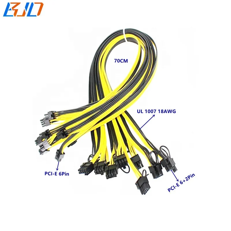 

PCI-E 6Pin Male to GPU 8Pin 6+2Pin Male Power Extension Cable 70CM for HP DELL Power Supply Breakout Board Graphics Card Mining, Black and yellow