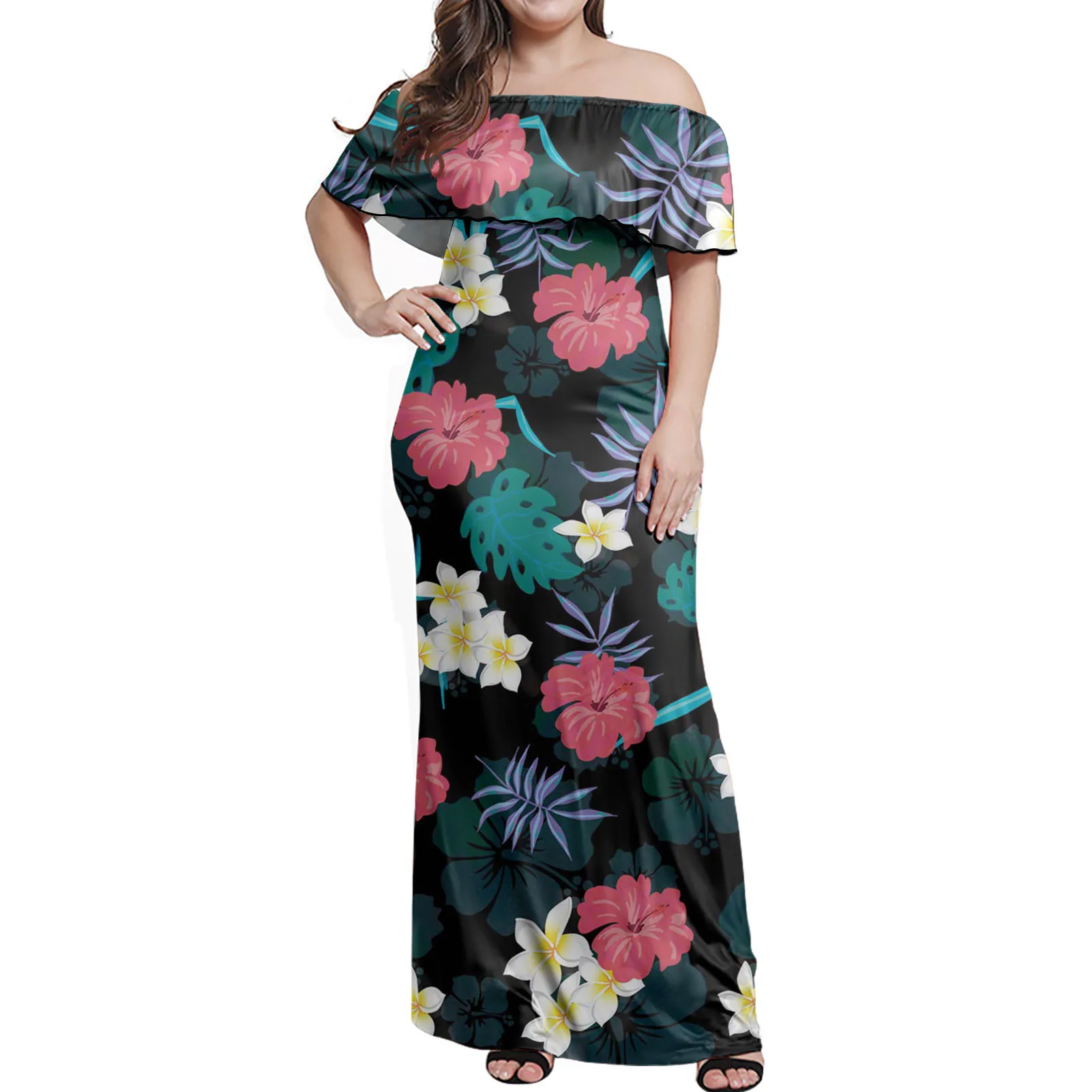 Hot Oem Women Frill Off Shoulder Floral Backless Fitting Long Flowy Summer  Strapless Casual Maxi Long Dresses For Hawaiian Party - Buy Dresses For  Hawaiian Party,Long Flowy Summer Dresses,Strapless Casual Maxi Long