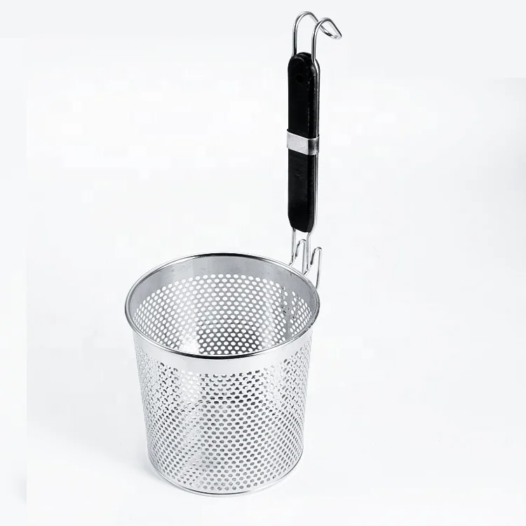

Perforated Stainless Steel Pasta Basket Mesh Spider Food Dumpling Noodle Strainer With Wooden Handle