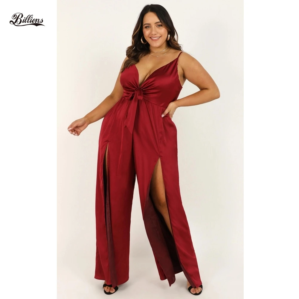 

Wine Satin Jumpsuit Formal Floral Warm