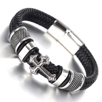 

Wholesale Fashion Christian Men Silver Leather Bracelet Cross For Jewellery Bangle