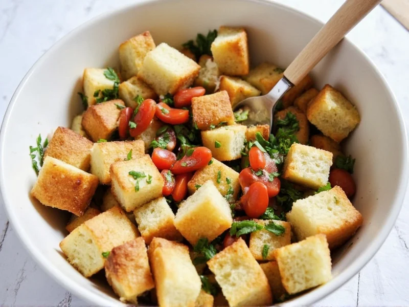 Mixing bread cubes with herbs and vegetables in large ceramic bowl